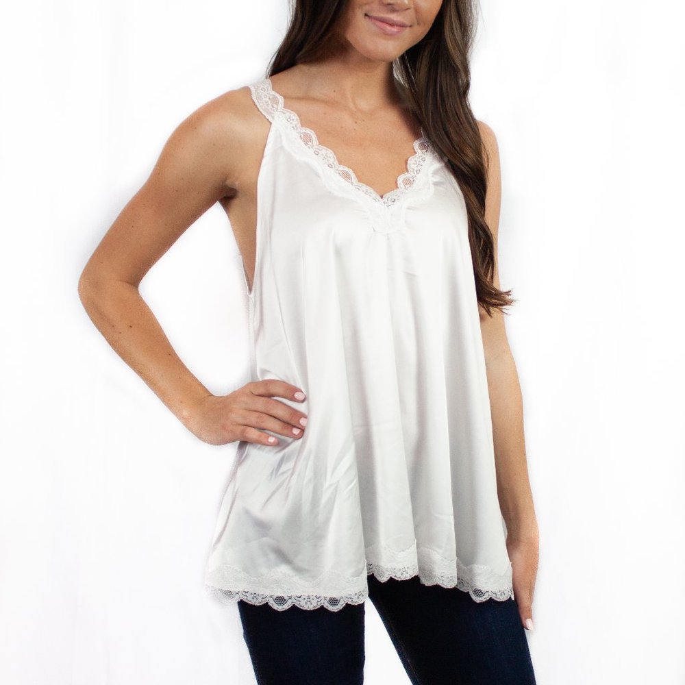 WHITE SATIN LACE TANK TOP